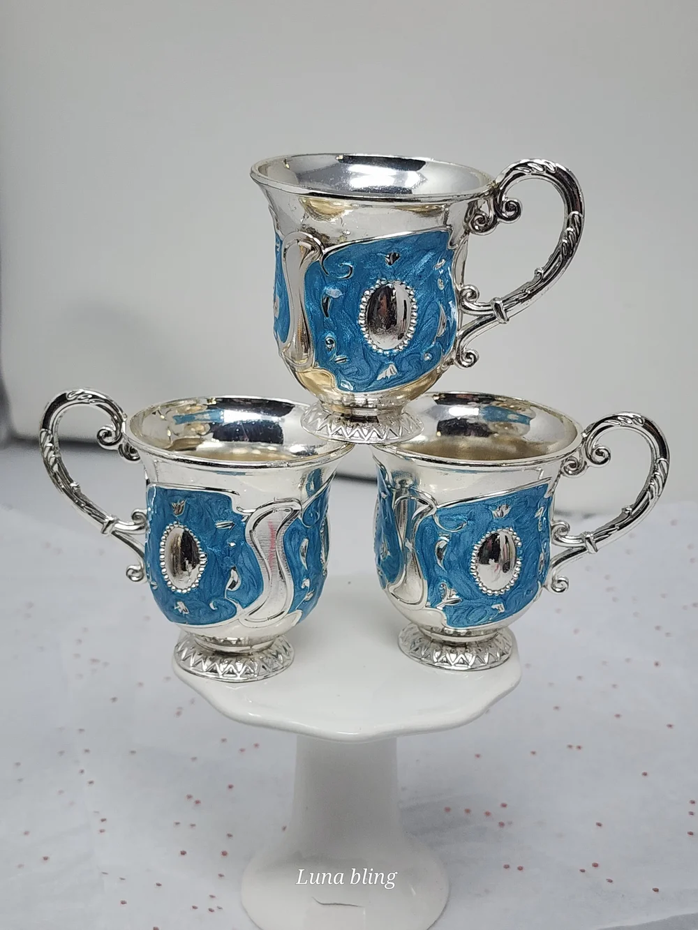 Decorative Silver-Tone Goblets with Turquoise and Gold Accents